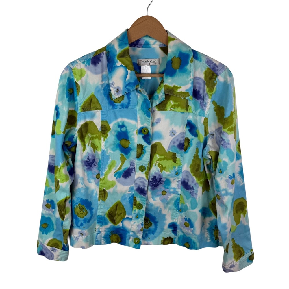 Coldwater Creek‎ Watercolor Floral Jacket Medium Artsy Button Up Colorful Bright